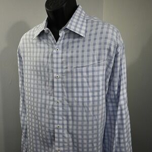 Johnston & Murphy Button Up Mens XXL Tailored Fit White Blue Plaid Long Sleeve